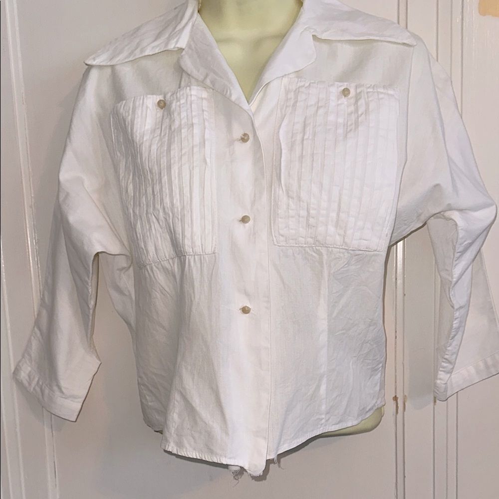Vintage 60s Homemade White Shirt with Dolman Sleeves & Pleated Front Pockets‎